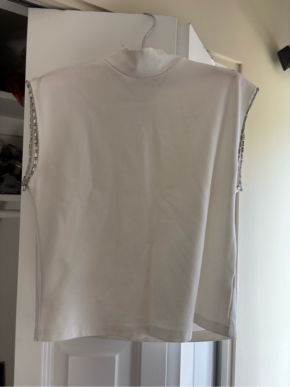 Women’s Cream Sleeveless Mock Neck Tank with Silver Shoulder Trim